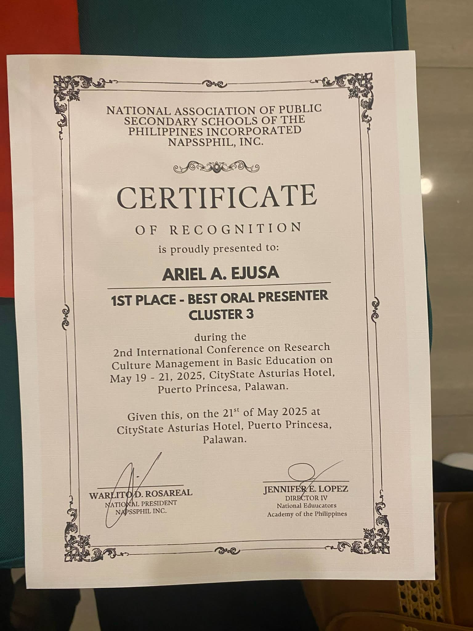 1st Place - Oral Presenter (Cluster 3)